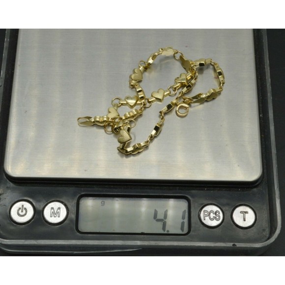 Real 14K Yellow Gold 5.3mm Puffed Heart Link Ankle Bracelet 9-10 - Picture 3 of 6